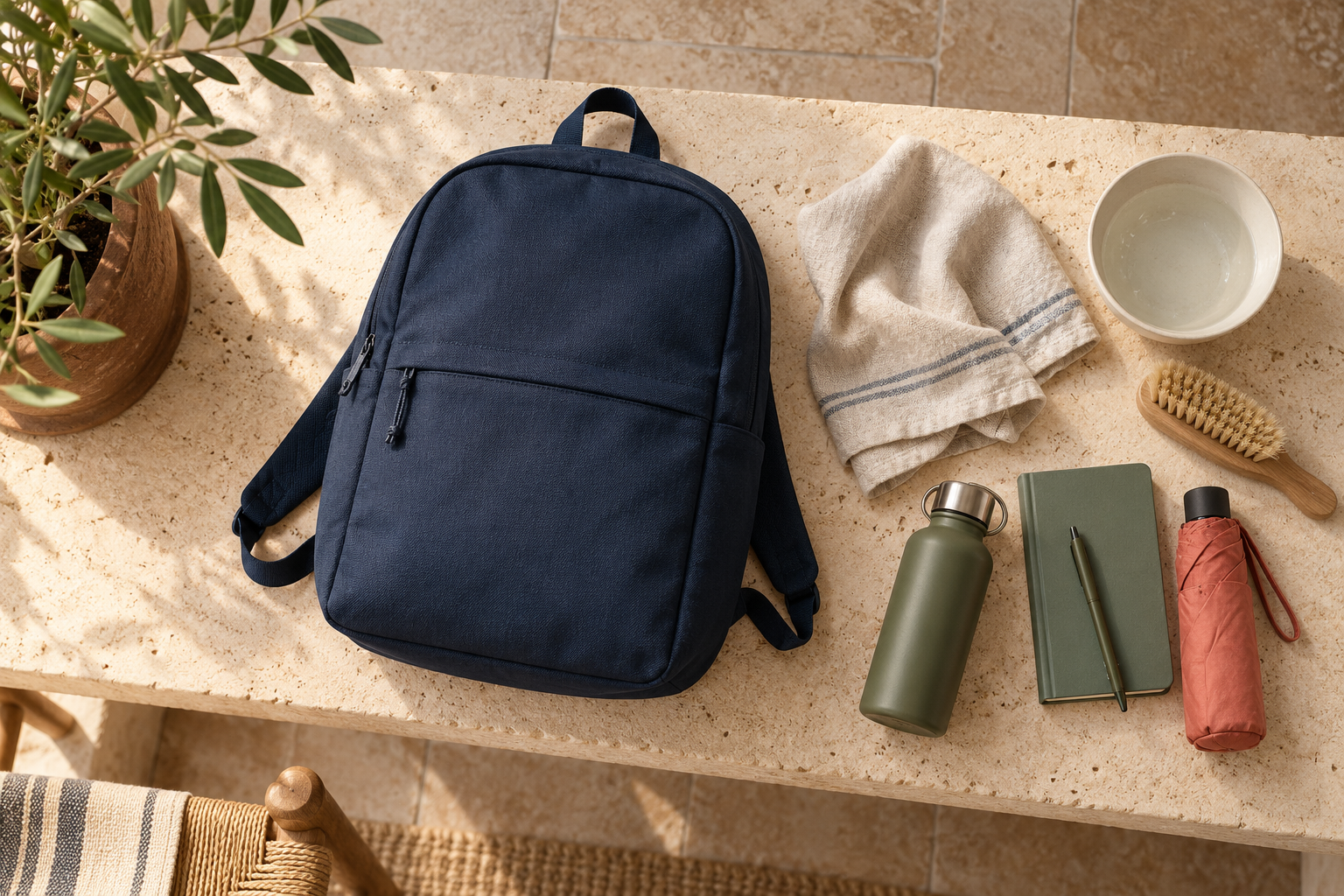 Sac à dos générique et accessoires de soin disposés sur une table